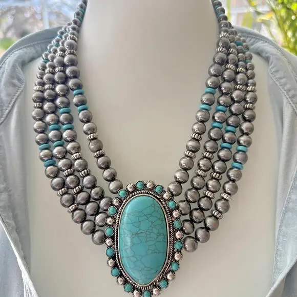 Western Cowgirl Boho Concho Turquoise Navajo Pearl Necklace Earring Statement - Picture 1 of 4
